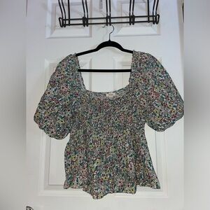 a.n.a Multicolor Smocked Bodice Floral Puff Sleeve Blouse Large